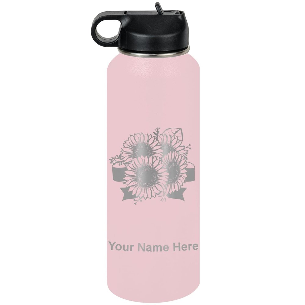 LaserGram Personalized Water Bottle, Sunflowers, Stainless Steel Double Wall Vacuum Insulated with Flip Top Straw, Custom Engraved Gift (40oz / 1180ml Pink)