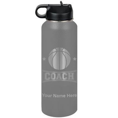 LaserGram Personalized Water Bottle, Basketball Coach, Stainless Steel Double Wall Vacuum Insulated with Flip Top Straw, Custom Engraved Gift (40oz / 1180ml Gray)