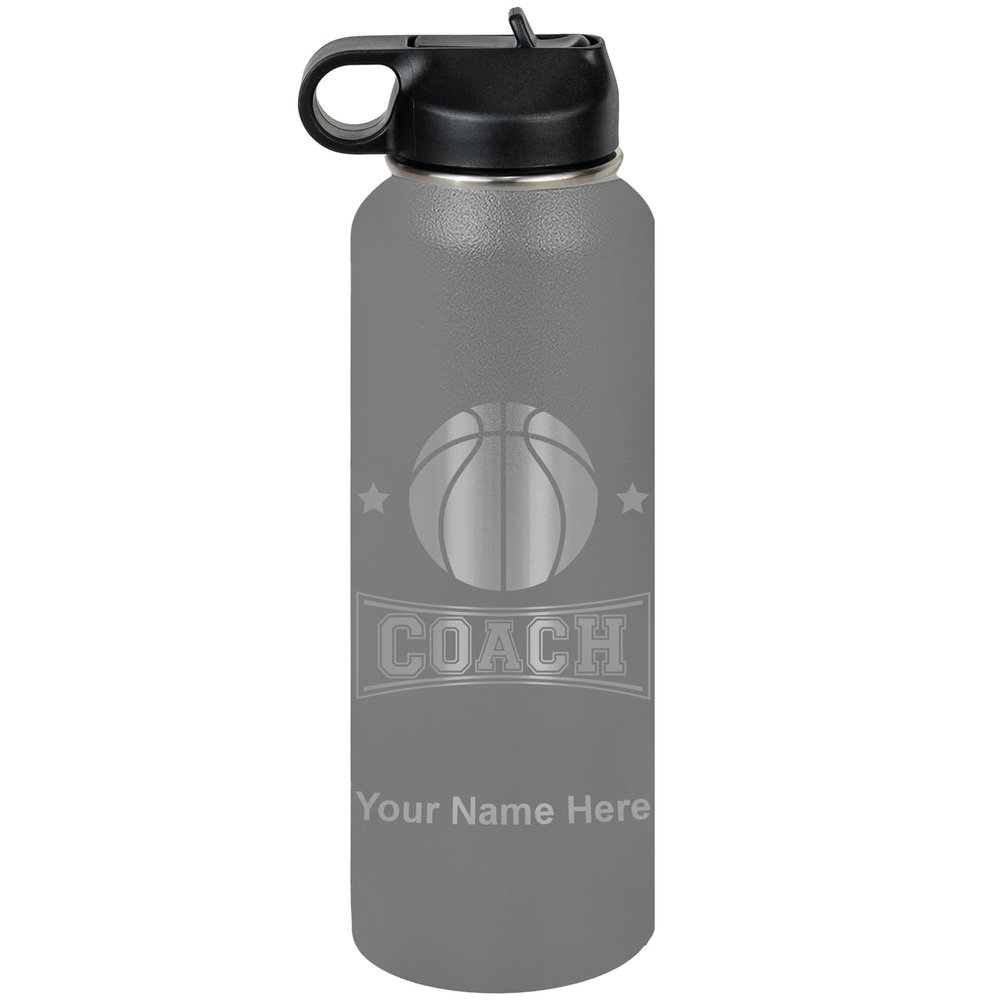 LaserGram Personalized Water Bottle, Basketball Coach, Stainless Steel Double Wall Vacuum Insulated with Flip Top Straw, Custom Engraved Gift (40oz / 1180ml Gray)
