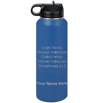 LaserGram Personalized Water Bottle, Bible Verse Philippians 4-13, Stainless Steel Double Wall Vacuum Insulated with Flip Top Straw, Custom Engraved Gift (40oz / 1180ml Dark Blue)