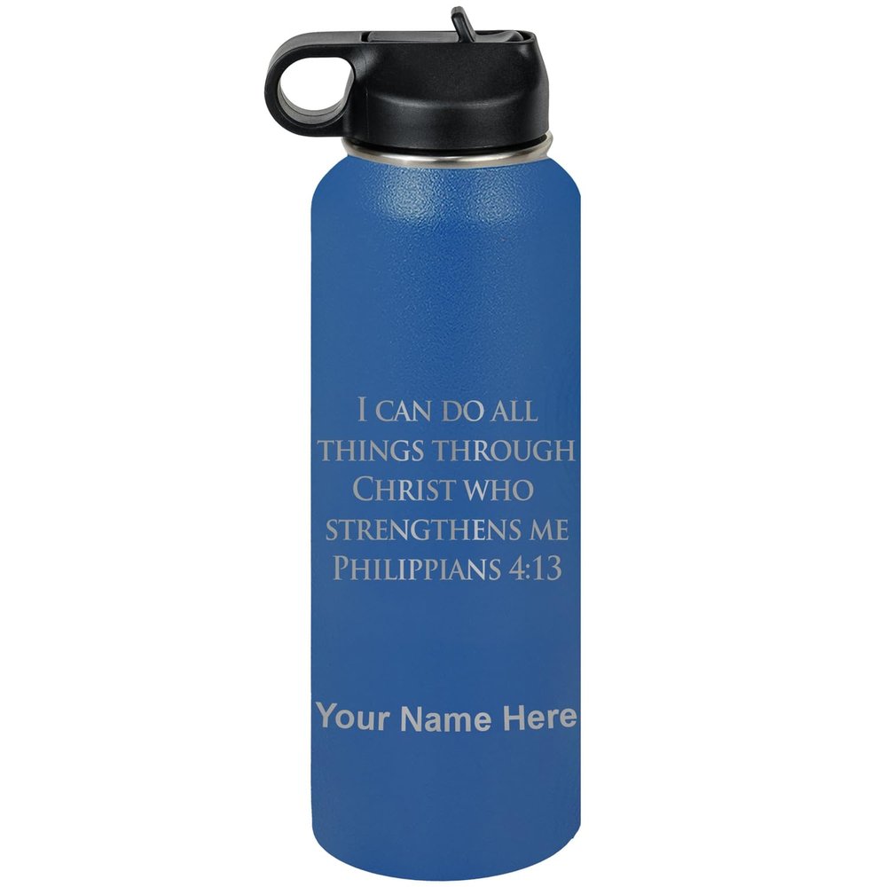 LaserGram Personalized Water Bottle, Bible Verse Philippians 4-13, Stainless Steel Double Wall Vacuum Insulated with Flip Top Straw, Custom Engraved Gift (40oz / 1180ml Dark Blue)