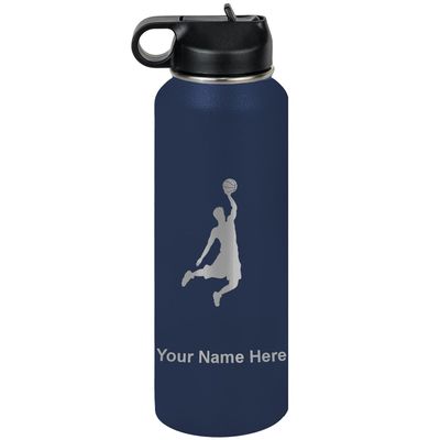 LaserGram Personalized Water Bottle, Basketball Slam Dunk Man, Stainless Steel Double Wall Vacuum Insulated with Flip Top Straw, Custom Engraved Gift (40oz / 1180ml Navy Blue)