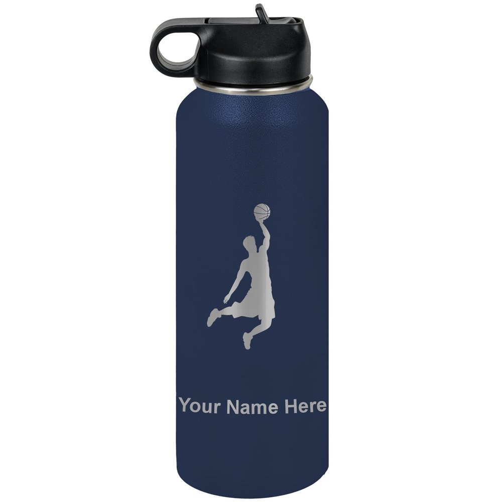 LaserGram Personalized Water Bottle, Basketball Slam Dunk Man, Stainless Steel Double Wall Vacuum Insulated with Flip Top Straw, Custom Engraved Gift (40oz / 1180ml Navy Blue)