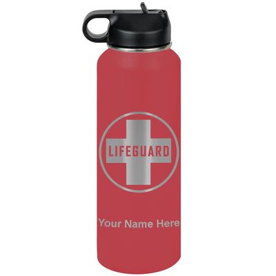 LaserGram Personalized Water Bottle, Lifeguard, Stainless Steel Double Wall Vacuum Insulated with Flip Top Straw, Custom Engraved Gift (40oz / 1180ml Maroon)