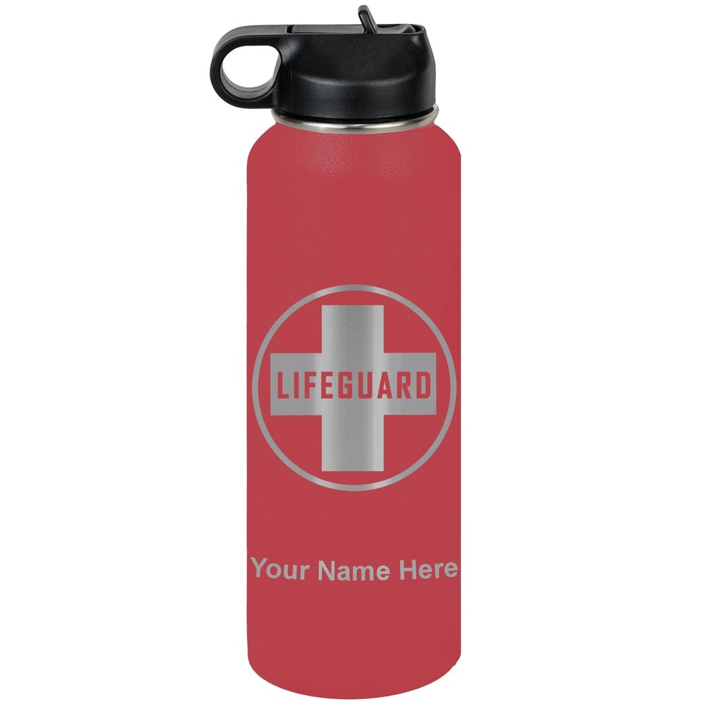LaserGram Personalized Water Bottle, Lifeguard, Stainless Steel Double Wall Vacuum Insulated with Flip Top Straw, Custom Engraved Gift (40oz / 1180ml Maroon)
