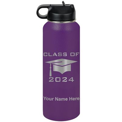 LaserGram Personalized Water Bottle, Grad Cap Class of 2023, 2024, 2025, 2026, 2027, Stainless Steel Double Wall Vacuum Insulated with Flip Top Straw, Custom Engraved Gift (40oz / 1180ml Dark Purple)