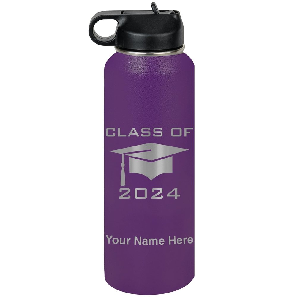 LaserGram Personalized Water Bottle, Grad Cap Class of 2023, 2024, 2025, 2026, 2027, Stainless Steel Double Wall Vacuum Insulated with Flip Top Straw, Custom Engraved Gift (40oz / 1180ml Dark Purple)
