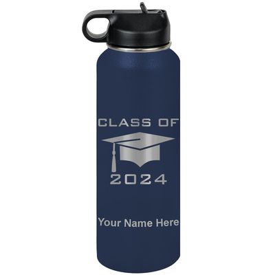 LaserGram Personalized Water Bottle, Grad Cap Class of 2023, 2024, 2025, 2026, 2027, Stainless Steel Double Wall Vacuum Insulated with Flip Top Straw, Custom Engraved Gift (40oz / 1180ml Navy Blue)