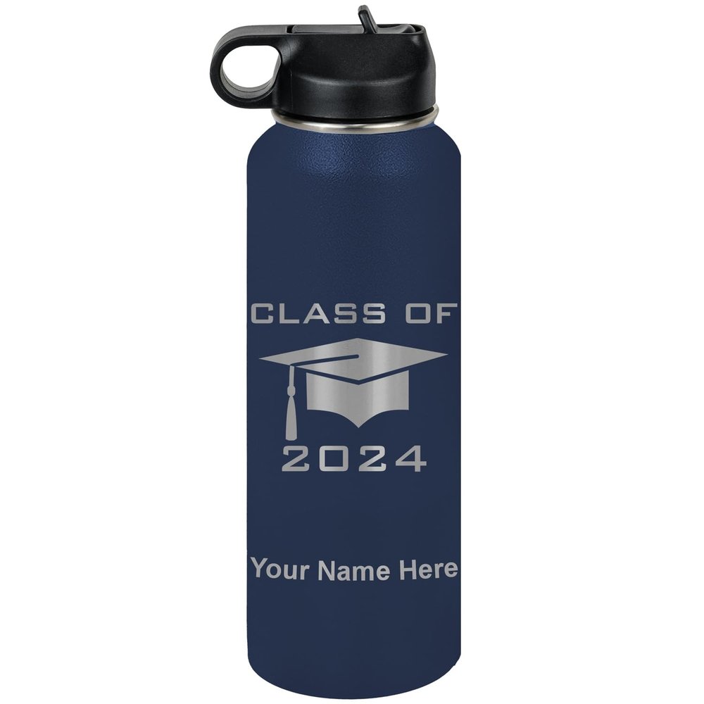 LaserGram Personalized Water Bottle, Grad Cap Class of 2023, 2024, 2025, 2026, 2027, Stainless Steel Double Wall Vacuum Insulated with Flip Top Straw, Custom Engraved Gift (40oz / 1180ml Navy Blue)