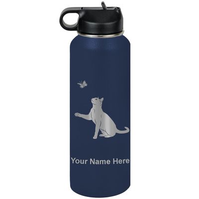 LaserGram Personalized Water Bottle, Cat with Butterfly, Stainless Steel Double Wall Vacuum Insulated with Flip Top Straw, Custom Engraved Gift (40oz / 1180ml Navy Blue)