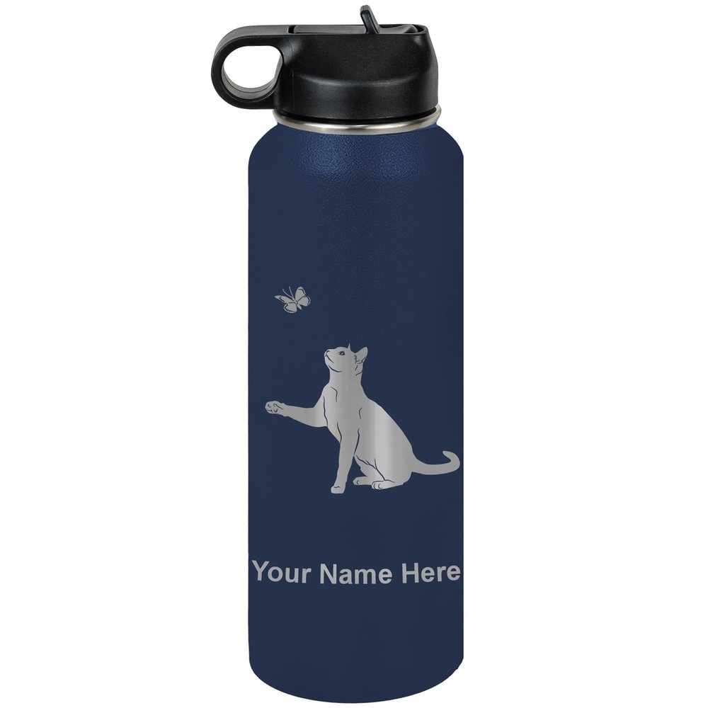 LaserGram Personalized Water Bottle, Cat with Butterfly, Stainless Steel Double Wall Vacuum Insulated with Flip Top Straw, Custom Engraved Gift (40oz / 1180ml Navy Blue)