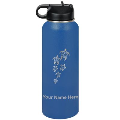 LaserGram Personalized Water Bottle, Sea Turtle Family, Stainless Steel Double Wall Vacuum Insulated with Flip Top Straw, Custom Engraved Gift (40oz / 1180ml Dark Blue)