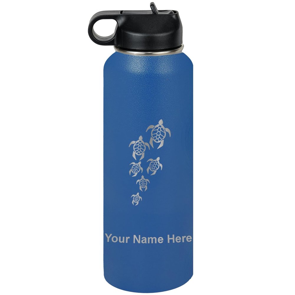 LaserGram Personalized Water Bottle, Sea Turtle Family, Stainless Steel Double Wall Vacuum Insulated with Flip Top Straw, Custom Engraved Gift (40oz / 1180ml Dark Blue)