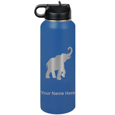 LaserGram Personalized Water Bottle, Indian Elephant, Stainless Steel Double Wall Vacuum Insulated with Flip Top Straw, Custom Engraved Gift (40oz / 1180ml Dark Blue)