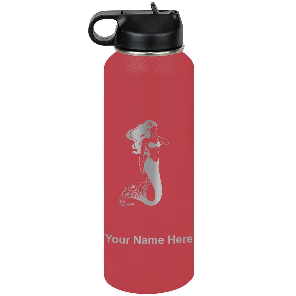 LaserGram Personalized Water Bottle, Mermaid, Stainless Steel Double Wall Vacuum Insulated with Flip Top Straw, Custom Engraved Gift (40oz / 1180ml Maroon)