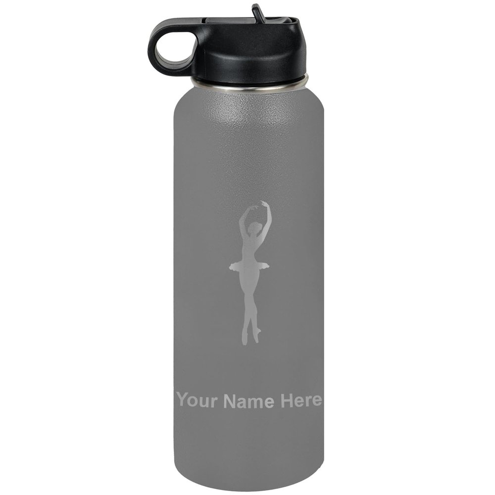 LaserGram Personalized Water Bottle, Ballet Dancer Woman, Stainless Steel Double Wall Vacuum Insulated with Flip Top Straw, Custom Engraved Gift (40oz / 1180ml Gray)