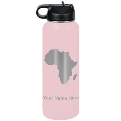 LaserGram Personalized Water Bottle, African Continent, Stainless Steel Double Wall Vacuum Insulated with Flip Top Straw, Custom Engraved Gift (40oz / 1180ml Pink)
