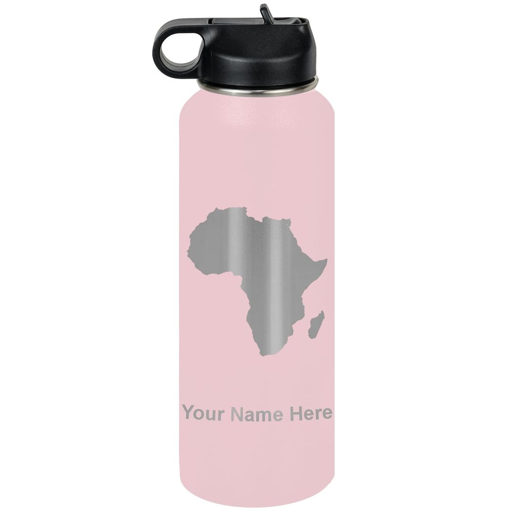 LaserGram Personalized Water Bottle, African Continent, Stainless Steel Double Wall Vacuum Insulated with Flip Top Straw, Custom Engraved Gift (40oz / 1180ml Pink)