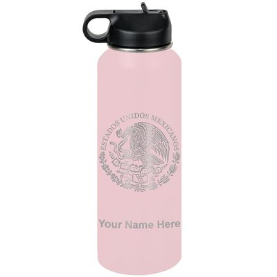 LaserGram Personalized Water Bottle, Flag of Mexico, Stainless Steel Double Wall Vacuum Insulated with Flip Top Straw, Custom Engraved Gift (40oz / 1180ml Pink)