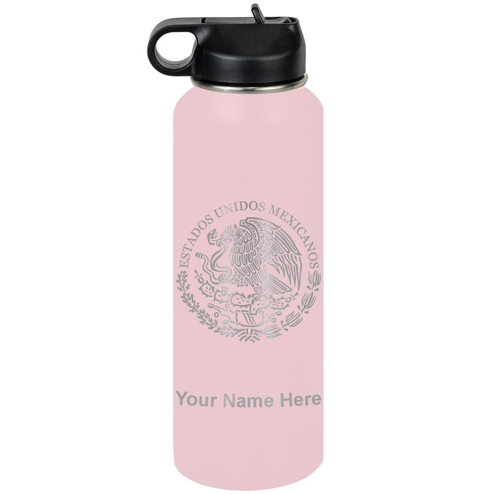 LaserGram Personalized Water Bottle, Flag of Mexico, Stainless Steel Double Wall Vacuum Insulated with Flip Top Straw, Custom Engraved Gift (40oz / 1180ml Pink)
