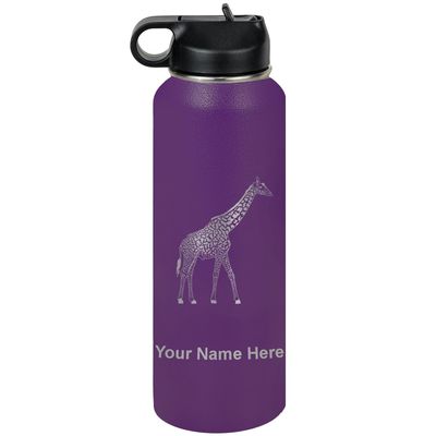 LaserGram Personalized Water Bottle, Giraffe, Stainless Steel Double Wall Vacuum Insulated with Flip Top Straw, Custom Engraved Gift (40oz / 1180ml Dark Purple)