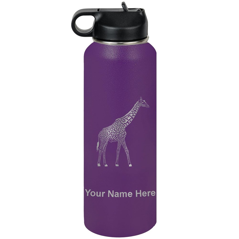 LaserGram Personalized Water Bottle, Giraffe, Stainless Steel Double Wall Vacuum Insulated with Flip Top Straw, Custom Engraved Gift (40oz / 1180ml Dark Purple)