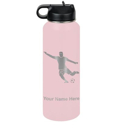 LaserGram Personalized Water Bottle, Soccer Player Man, Stainless Steel Double Wall Vacuum Insulated with Flip Top Straw, Custom Engraved Gift (40oz / 1180ml Pink)