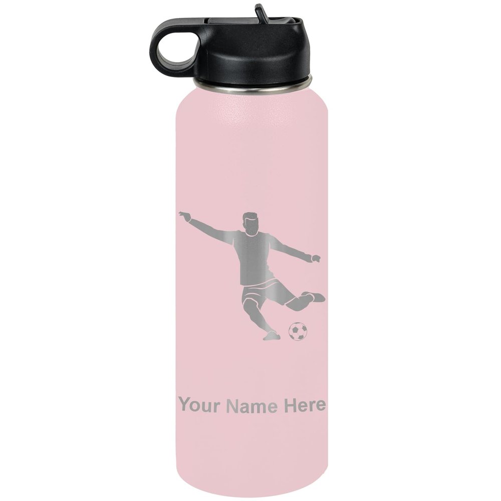 LaserGram Personalized Water Bottle, Soccer Player Man, Stainless Steel Double Wall Vacuum Insulated with Flip Top Straw, Custom Engraved Gift (40oz / 1180ml Pink)