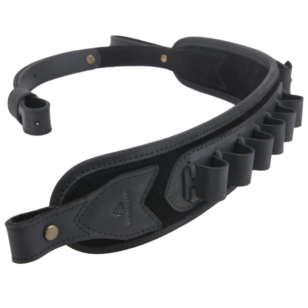 Adjustable Leather Gun Sling with Ammo Holder for 12 Gauge Shotgun Shell Holder, Black (Gun Sling)