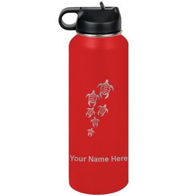 LaserGram Personalized Water Bottle, Sea Turtle Family, Stainless Steel Double Wall Vacuum Insulated with Flip Top Straw, Custom Engraved Gift (40oz / 1180ml Red)