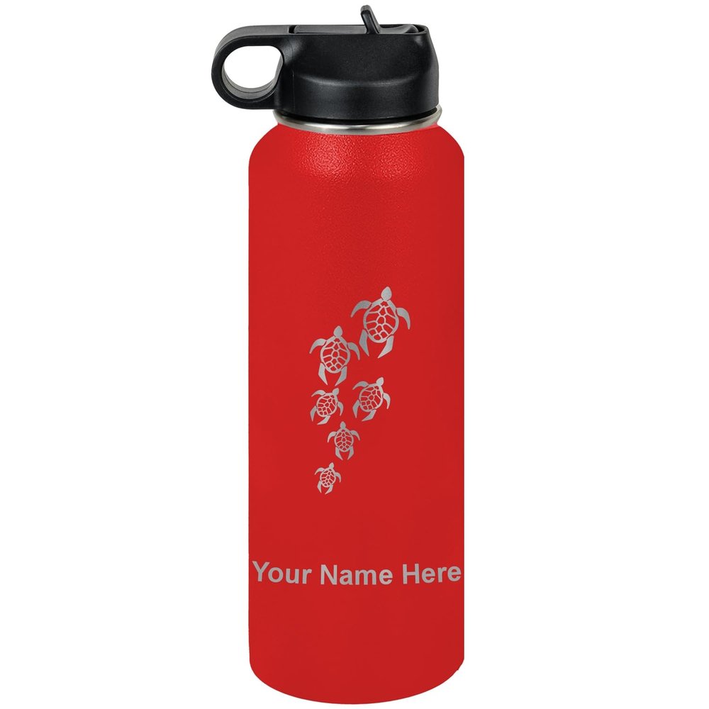 LaserGram Personalized Water Bottle, Sea Turtle Family, Stainless Steel Double Wall Vacuum Insulated with Flip Top Straw, Custom Engraved Gift (40oz / 1180ml Red)