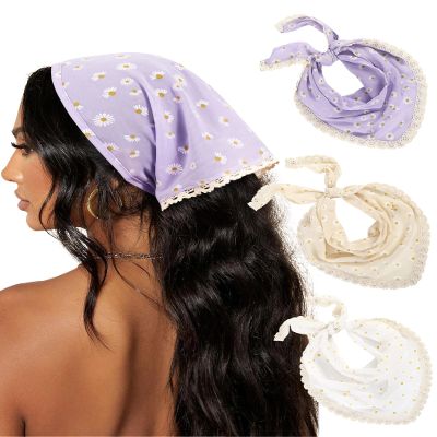 AWAYTR 3Pcs Hair Bandanas Head Kerchief for Women Girls Tie-Back Boho Hair Scarf Headband Bandana Triangle Head Scarf (Sunflowers - Yellow/White/Purple)