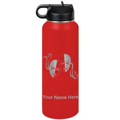 LaserGram Personalized Water Bottle, Drama Masks, Stainless Steel Double Wall Vacuum Insulated with Flip Top Straw, Custom Engraved Gift (40oz / 1180ml Red)