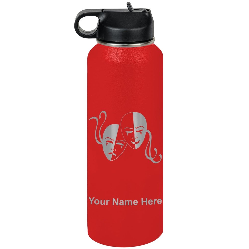 LaserGram Personalized Water Bottle, Drama Masks, Stainless Steel Double Wall Vacuum Insulated with Flip Top Straw, Custom Engraved Gift (40oz / 1180ml Red)