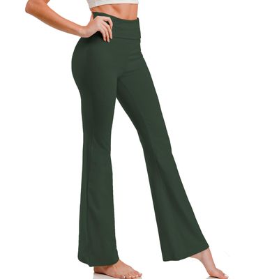 KQUZO Plus Size Woman Yoga High Waist Flare Tummy Control Bootleg Bell Bottom Casual Work Stretched Pants (Regular, Medium, Full_Dark Olive)