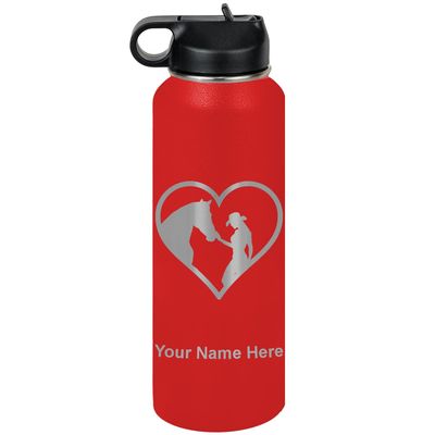LaserGram Personalized Water Bottle, Horse Cowgirl Heart, Stainless Steel Double Wall Vacuum Insulated with Flip Top Straw, Custom Engraved Gift (40oz / 1180ml Red)