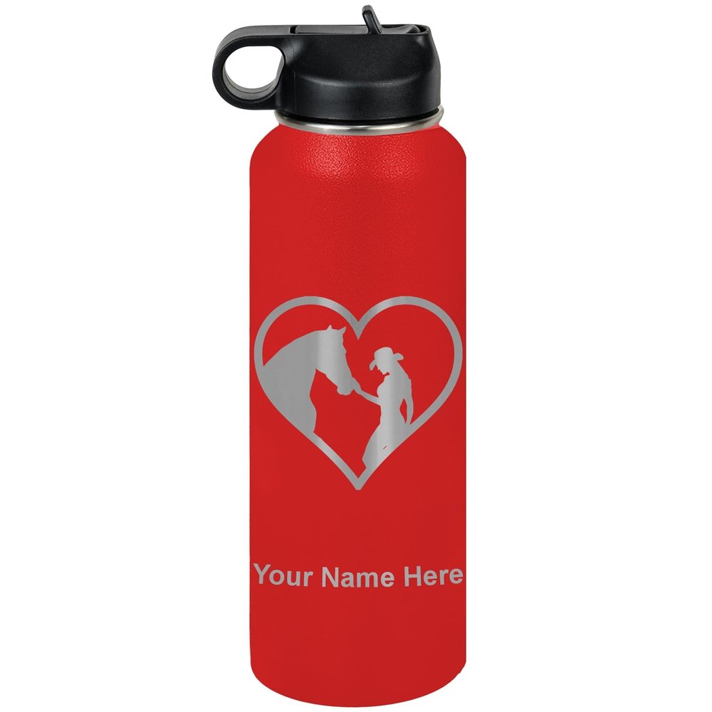 LaserGram Personalized Water Bottle, Horse Cowgirl Heart, Stainless Steel Double Wall Vacuum Insulated with Flip Top Straw, Custom Engraved Gift (40oz / 1180ml Red)