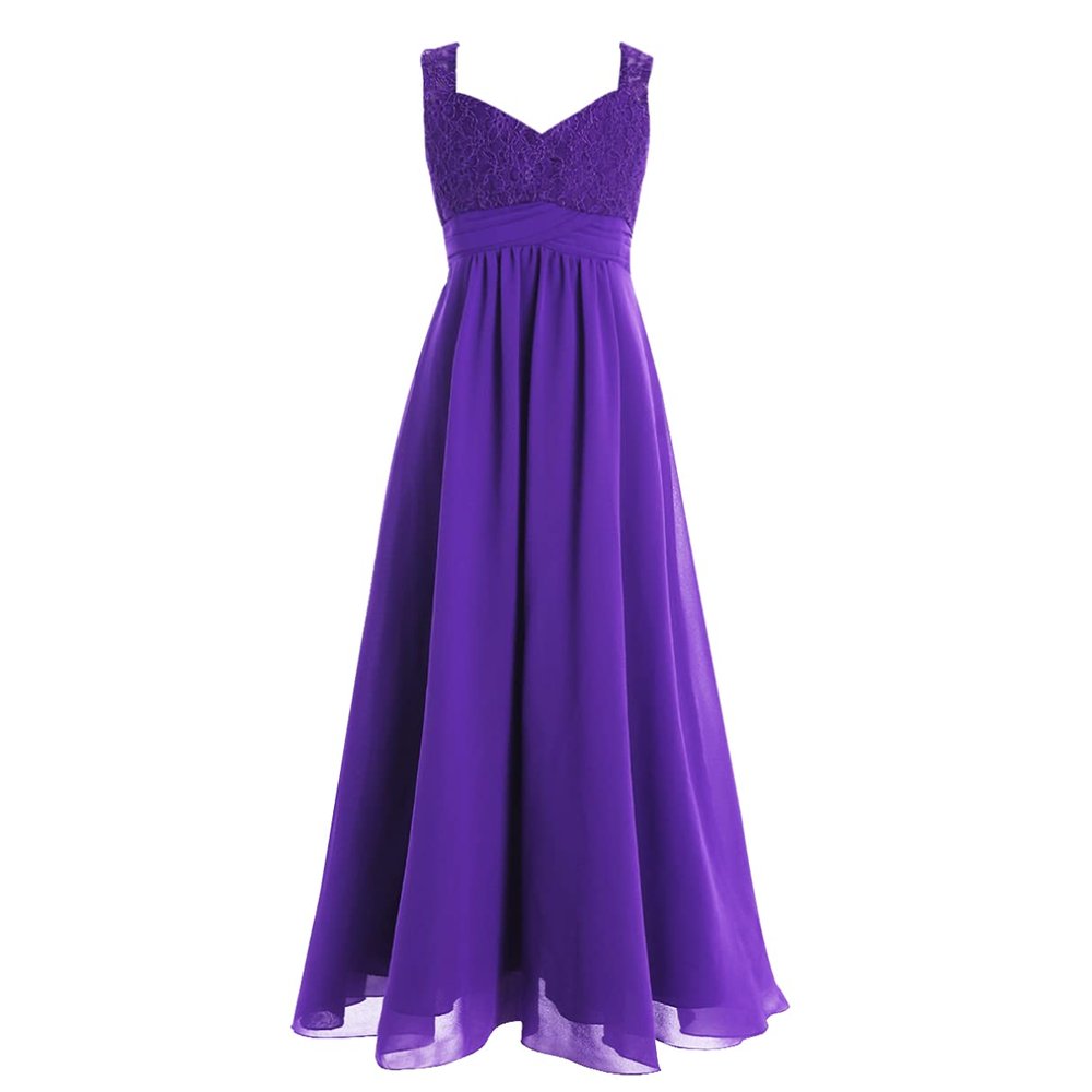 RUNQHUI Kids Girls Floral Lace Chiffon Wedding Party Bridesmaid Prom Dress Junior Evening Ball Gowns Formal Wear Purple 8 Years