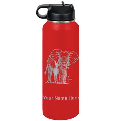 LaserGram Personalized Water Bottle, African Elephant, Stainless Steel Double Wall Vacuum Insulated with Flip Top Straw, Custom Engraved Gift (40oz / 1180ml Red)