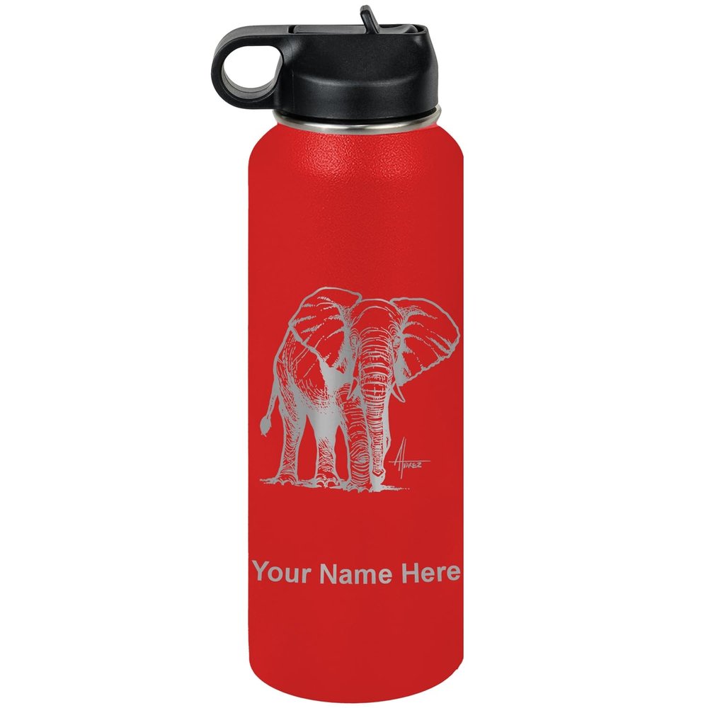 LaserGram Personalized Water Bottle, African Elephant, Stainless Steel Double Wall Vacuum Insulated with Flip Top Straw, Custom Engraved Gift (40oz / 1180ml Red)