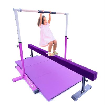 Gymnastics Bar Kip Bar for Kids with Acrobatic Tube Beam and 6'x4' Tumble Mat, Adjustable Height 3 to 5 FT Horizontal Bar Junior Gymnast Gymnastic Training Bar, Asymmetric Bar Expandable Purple