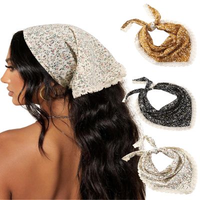 AWAYTR 3Pcs Hair Bandanas Head Kerchief for Women Girls Tie-Back Boho Hair Scarf Headband Bandana Triangle Head Scarf (Floral - Yellow/Black/Beige)