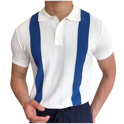 Men's Striped Polo Knit Shirt Vintage 60s Short Sleeve Cardigans Lightweight Regular Fit Hawaiian Beach Shirts Tops White