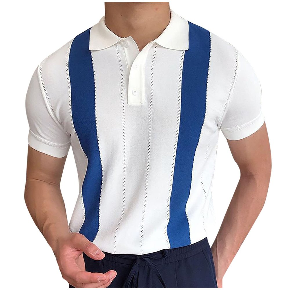 Men's Striped Polo Knit Shirt Vintage 60s Short Sleeve Cardigans Lightweight Regular Fit Hawaiian Beach Shirts Tops White