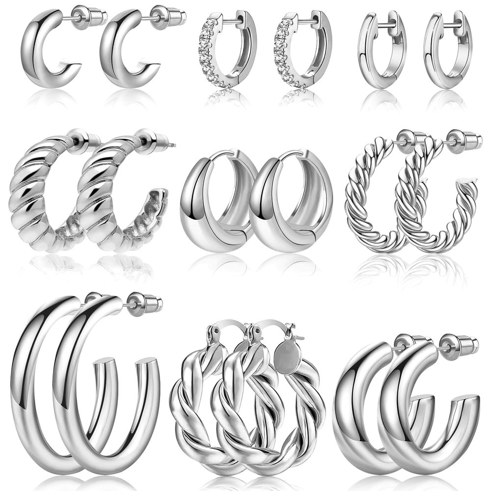 Adoyi Silver Hoop Earrings Set for Women Girls Gold Twisted Huggie Hoops Earrings 14K White Gold Plated Earrings for Women Lightweight 9 Pairs jewelry for women Girl Gift