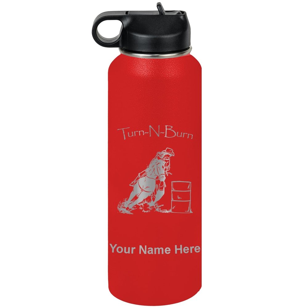 LaserGram Personalized Water Bottle, Barrel Racer Turn N Burn, Stainless Steel Double Wall Vacuum Insulated with Flip Top Straw, Custom Engraved Gift (40oz / 1180ml Red)