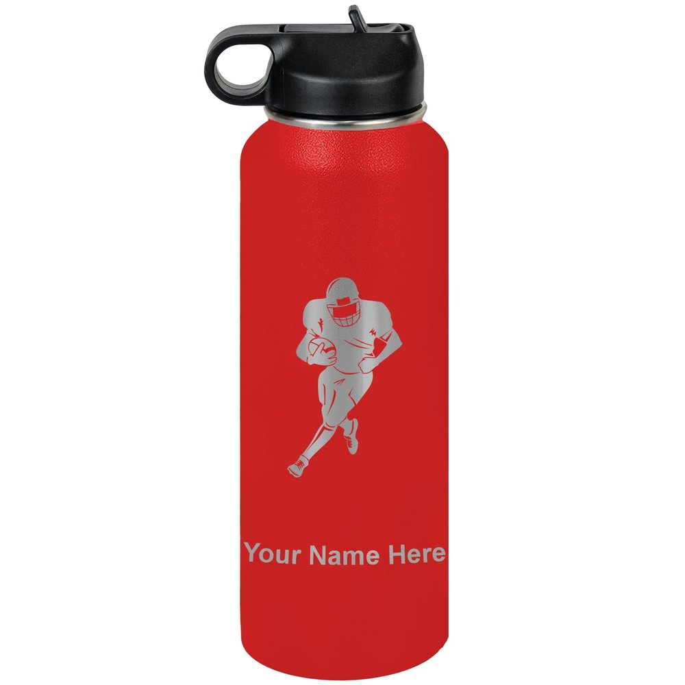 LaserGram Personalized Water Bottle, Football Player, Stainless Steel Double Wall Vacuum Insulated with Flip Top Straw, Custom Engraved Gift (40oz / 1180ml Red)