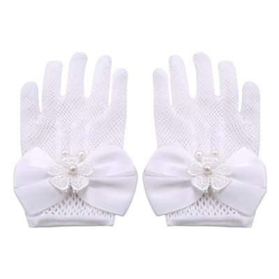 AKOAK 1 Pair Girls Net Bow Lace Pearl Embellished Gloves, Stage Show/Party Supplies/Wedding Flower Girls/Ceremony Coronation Accessories