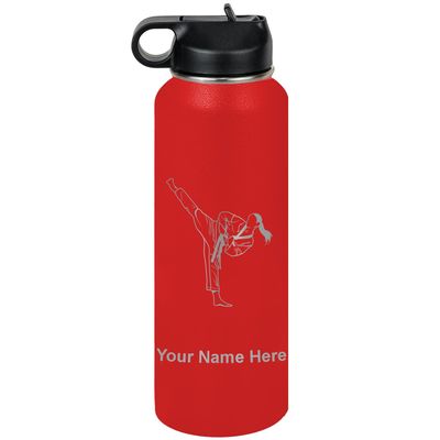 LaserGram Personalized Water Bottle, Taekwondo Woman, Stainless Steel Double Wall Vacuum Insulated with Flip Top Straw, Custom Engraved Gift (40oz / 1180ml Red)