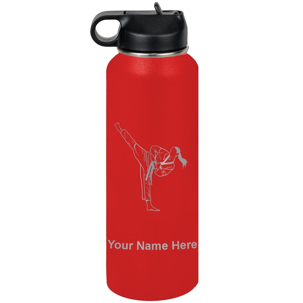 LaserGram Personalized Water Bottle, Taekwondo Woman, Stainless Steel Double Wall Vacuum Insulated with Flip Top Straw, Custom Engraved Gift (40oz / 1180ml Red)